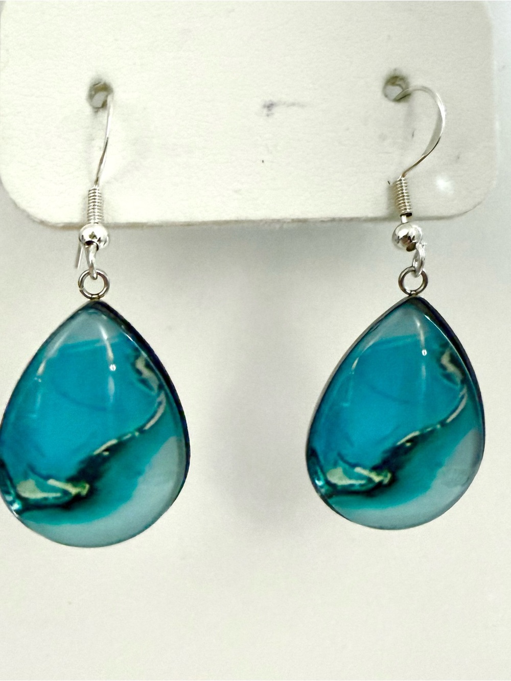 925 Sterling Silver Teal Blue Teardrop Dangle Earrings French Hooks 1.75 in Drop